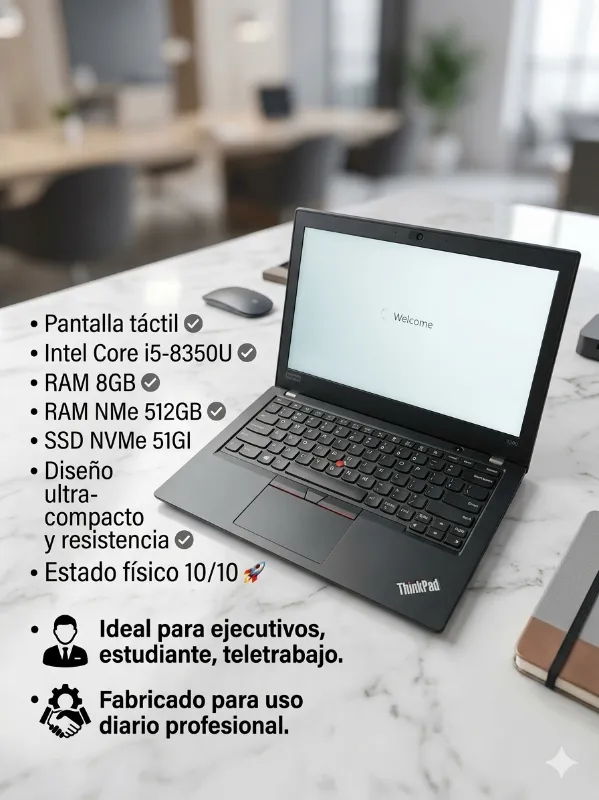 LAPTOP LENOVO THINKPAD X280, Pantalla táctil, Intel Core i5-8350U, RAM 8GB, SSD NVMe 512, GBSEMINUEVA